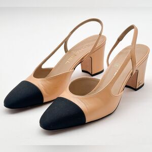CHANEL Slingback Cap Toe Beige & Black Heels Leather Pumps EU 37.5 US 6.5-7